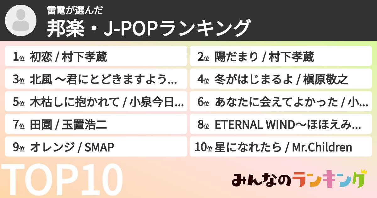 雷電さんの「邦楽・J-POPランキング」