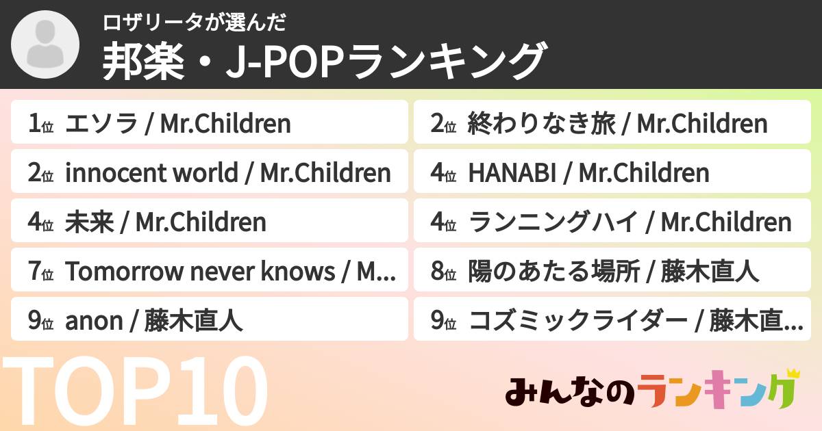 ロザリータさんの「邦楽・J-POPランキング」