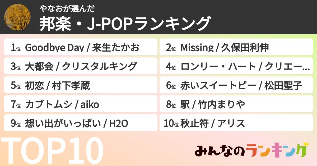 やなおさんの「邦楽・J-POPランキング」