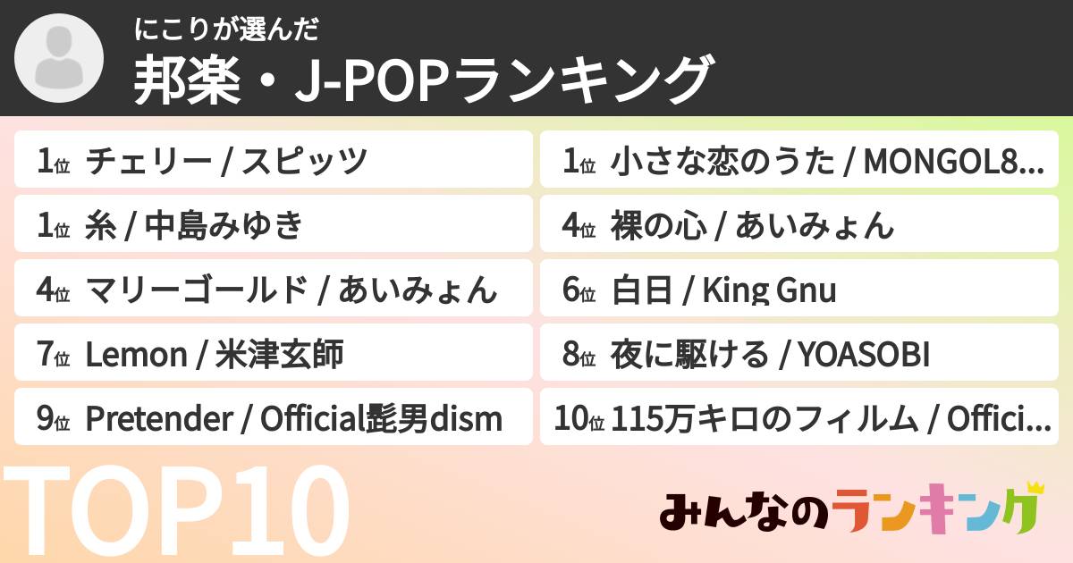 にこりさんの「邦楽・J-POPランキング」