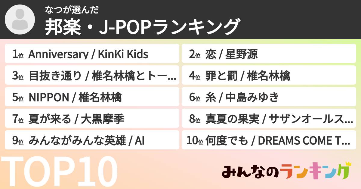 なつさんの「邦楽・J-POPランキング」