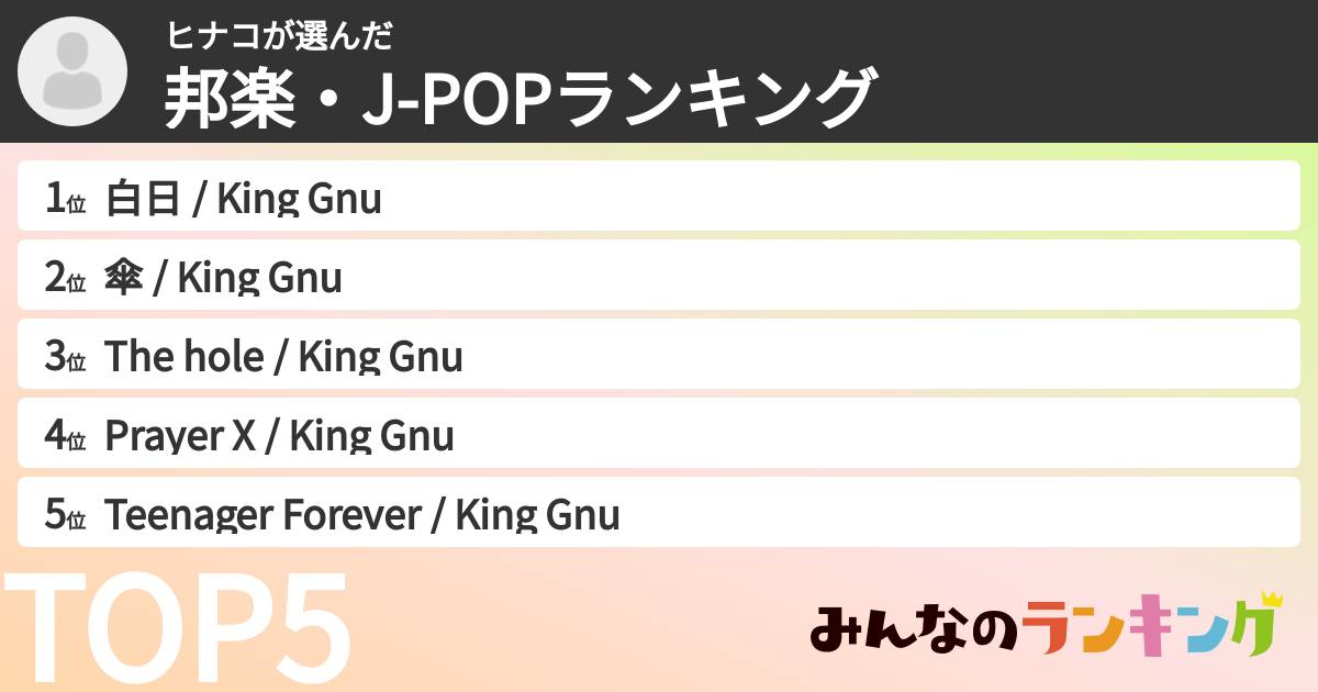 ヒナコさんの「邦楽・J-POPランキング」