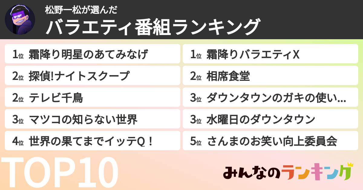 松野一松さんの「バラエティ番組ランキング」