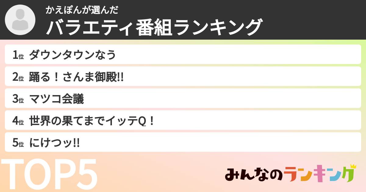 かえぽんさんの「バラエティ番組ランキング」