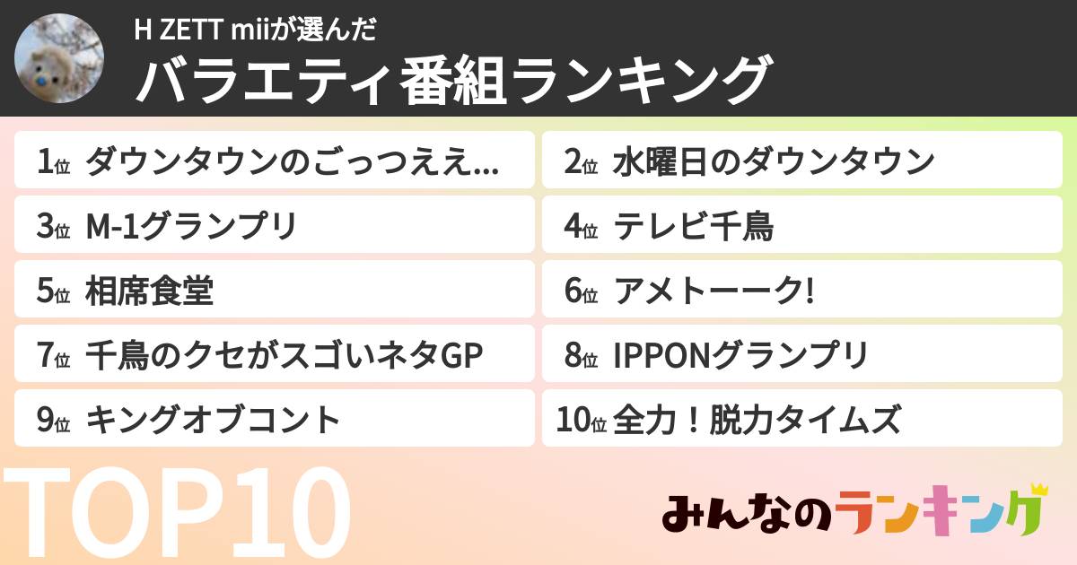 H ZETT miiさんの「バラエティ番組ランキング」