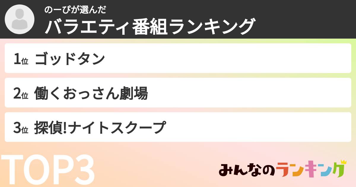 のーぴさんの「バラエティ番組ランキング」