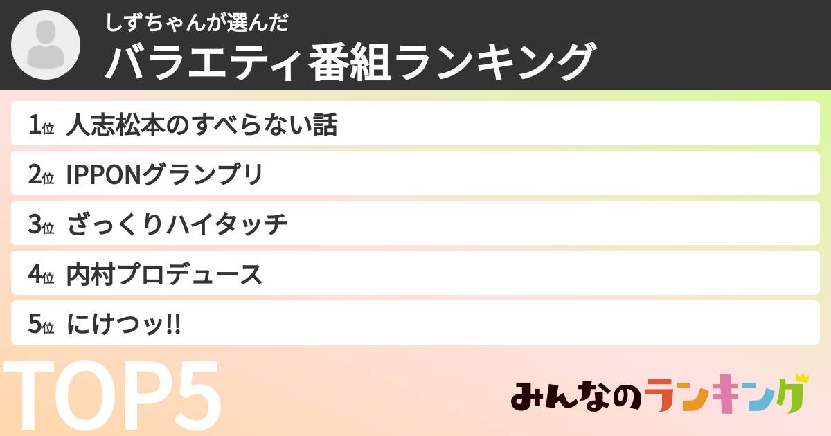しずちゃんさんの「バラエティ番組ランキング」