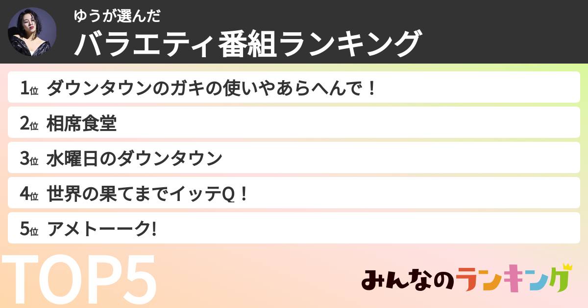 ゆうさんの「バラエティ番組ランキング」