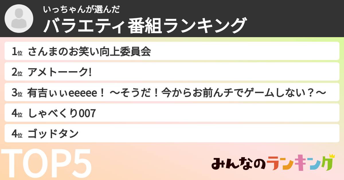 いっちゃんさんの「バラエティ番組ランキング」