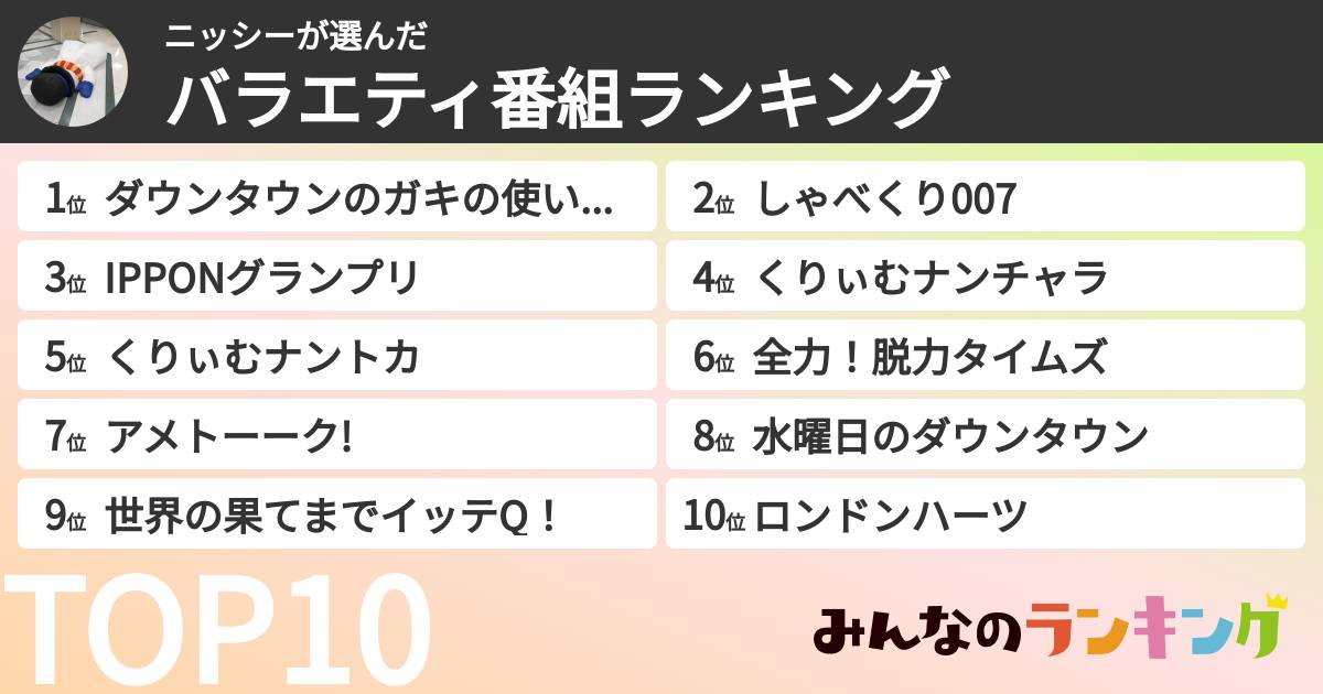 ニッシーさんの「バラエティ番組ランキング」