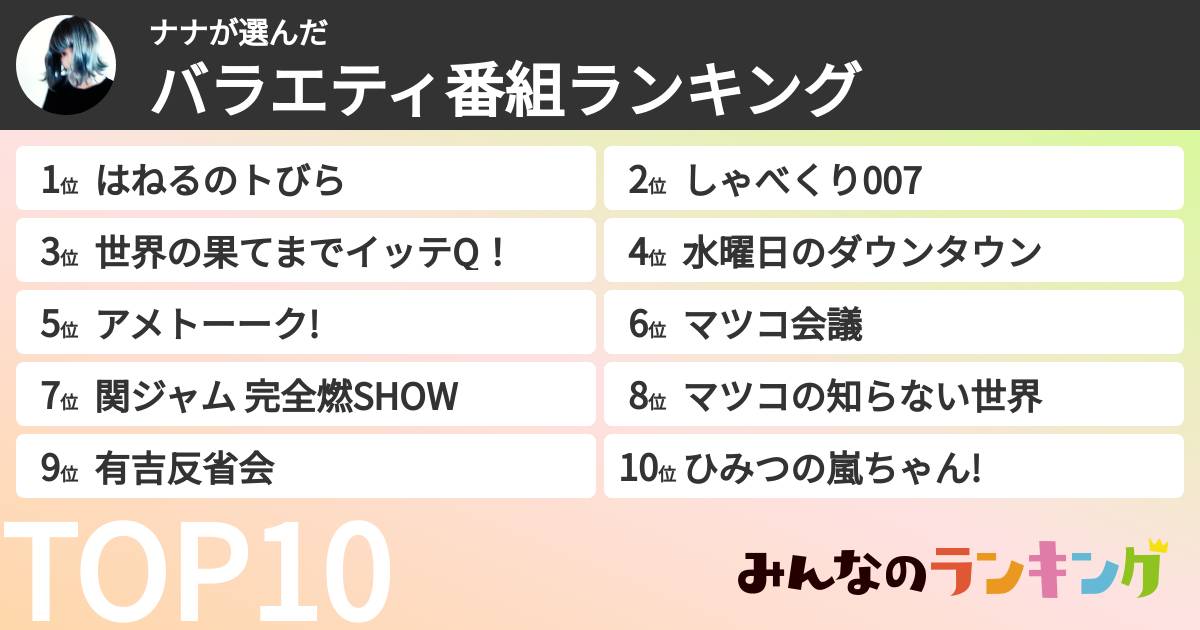 ナナさんの「バラエティ番組ランキング」