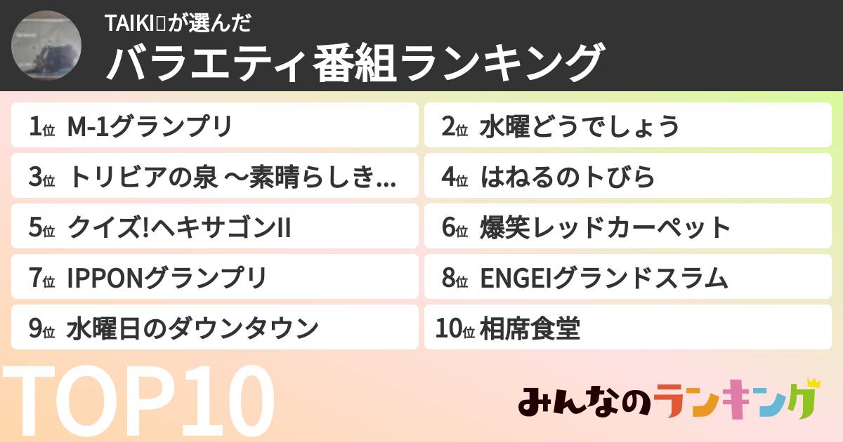 TAIKI🐤さんの「バラエティ番組ランキング」