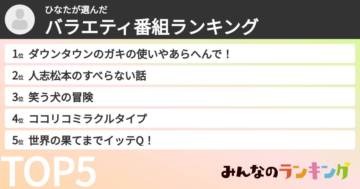 ひなたさんの「バラエティ番組ランキング」