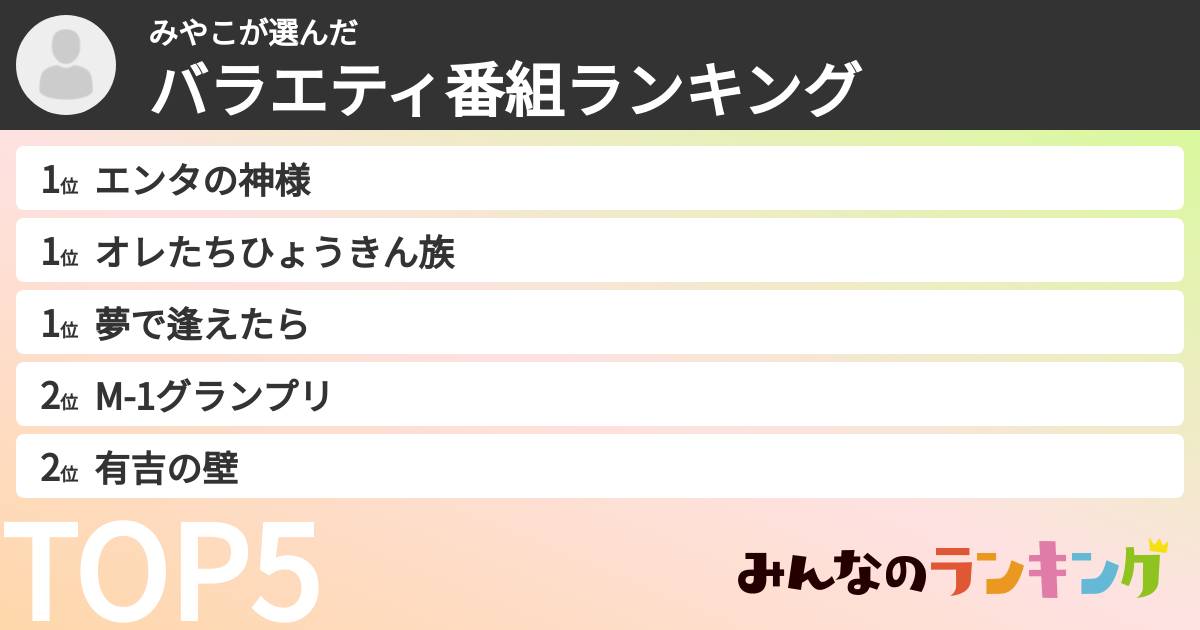 みやこさんの「バラエティ番組ランキング」