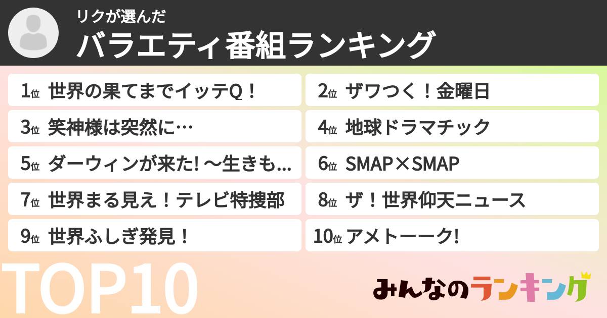リクさんの「バラエティ番組ランキング」