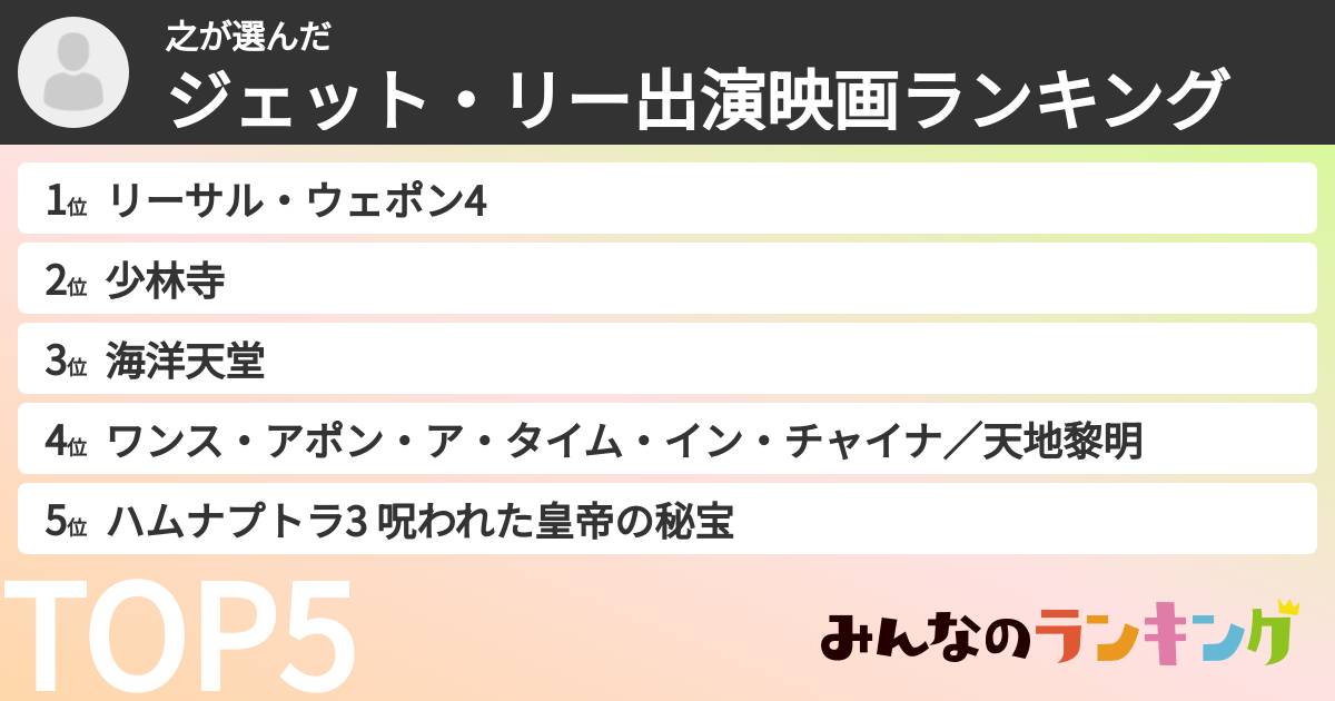 之さんの「ジェット・リー出演映画ランキング」
