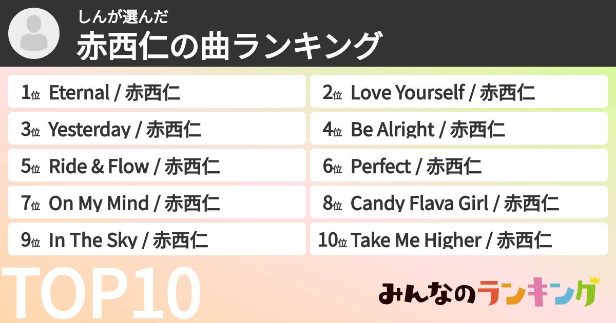 しんさんの「赤西仁の曲ランキング」