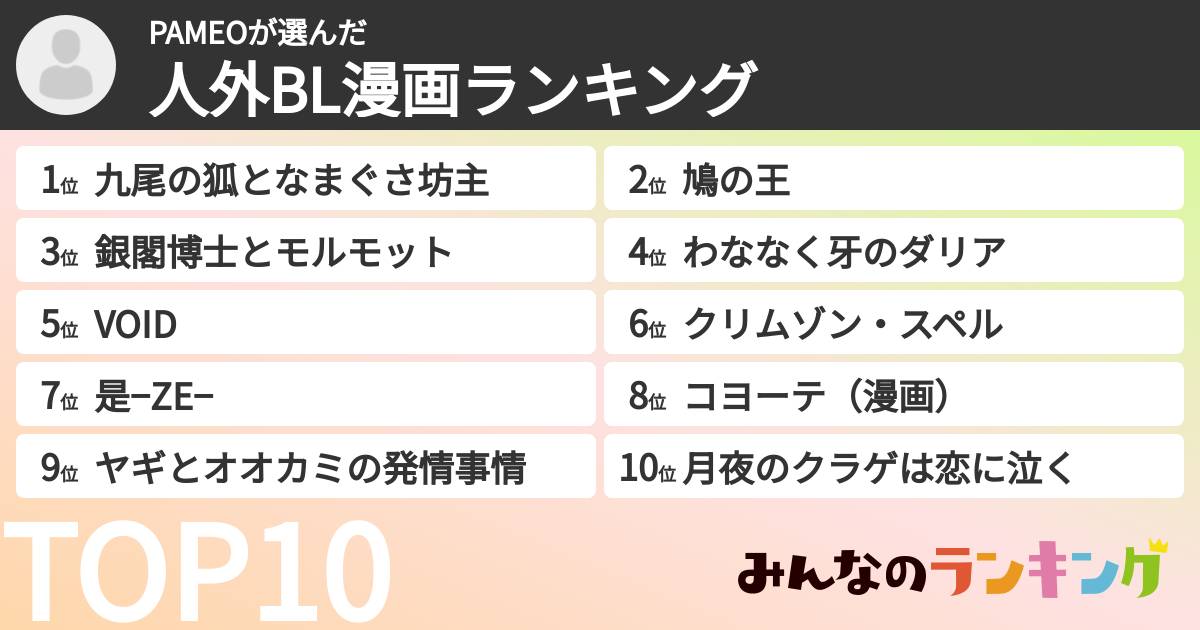 PAMEOさんの「人外BL漫画ランキング」
