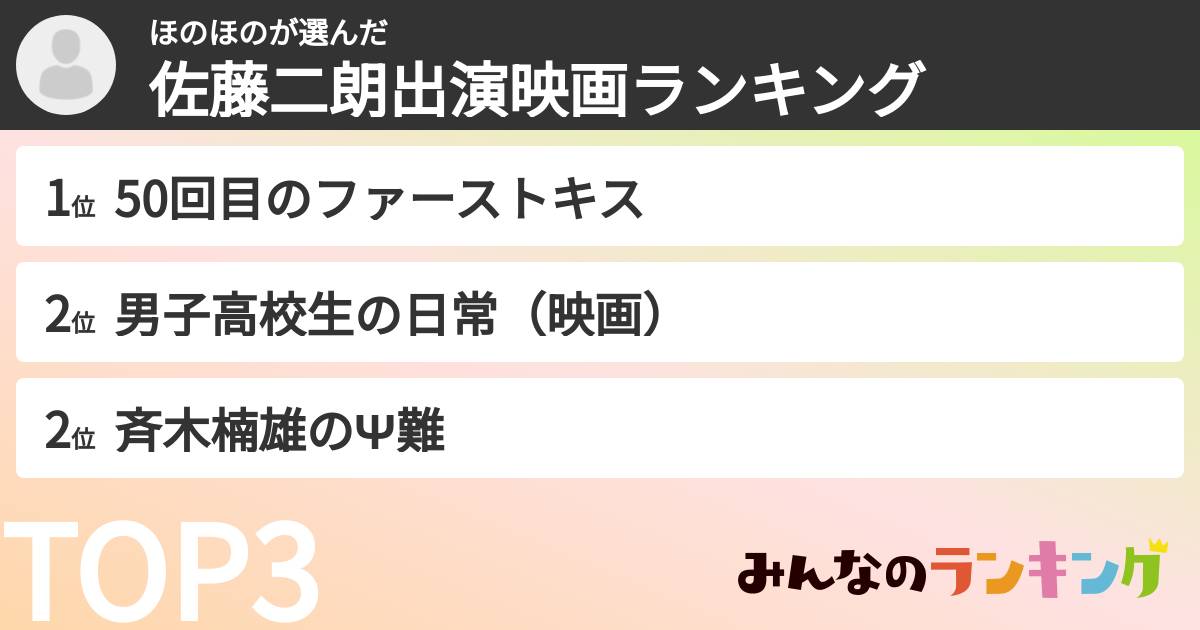 ほのほのさんの「佐藤二朗出演映画ランキング」