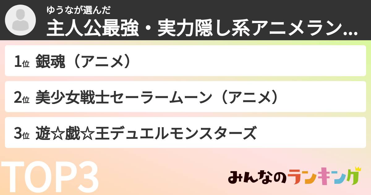 ゆうなさんの「主人公最強・実力隠し系アニメランキング」