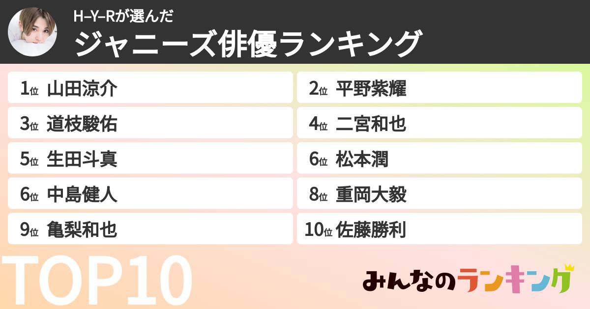 H–Y–Rさんの「ジャニーズ俳優ランキング」