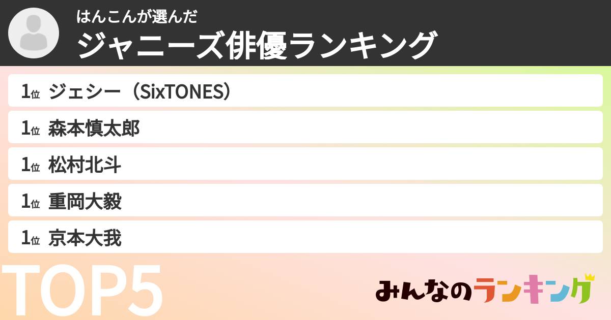 はんこんさんの「ジャニーズ俳優ランキング」