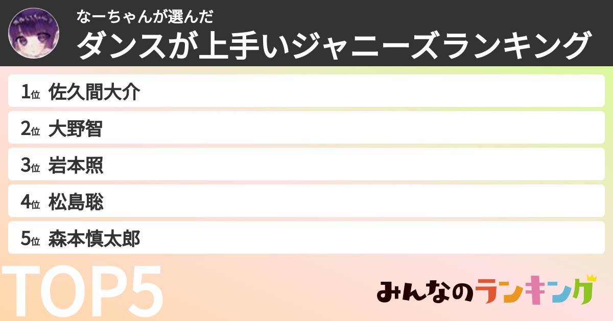 なーちゃんさんの「ダンスが上手いジャニーズランキング」