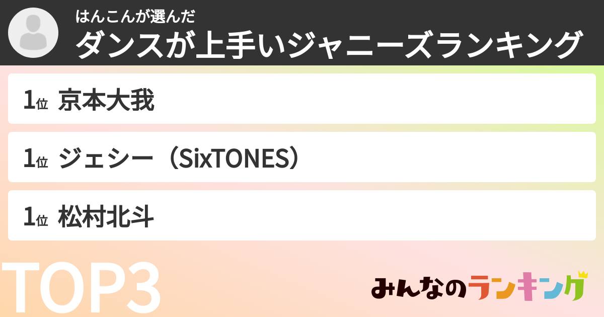 はんこんさんの「ダンスが上手いジャニーズランキング」