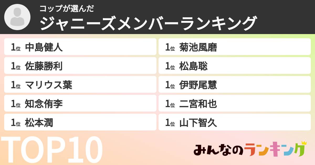 コップさんの「ジャニーズメンバーランキング」