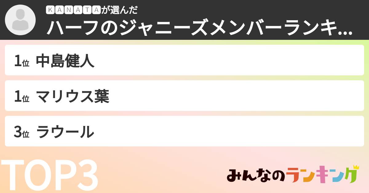 🅺🅰🅽🅰🆃🅰さんの「ハーフのジャニーズメンバーランキング」