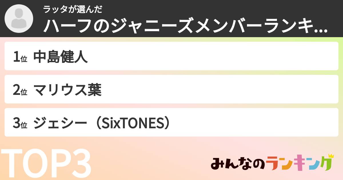 ラッタさんの「ハーフのジャニーズメンバーランキング」