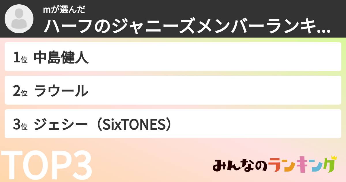 mさんの「ハーフのジャニーズメンバーランキング」