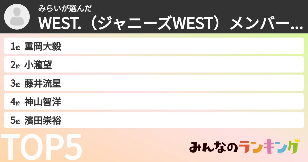 みらいさんの「WEST.(ジャニーズWEST)メンバーランキング」