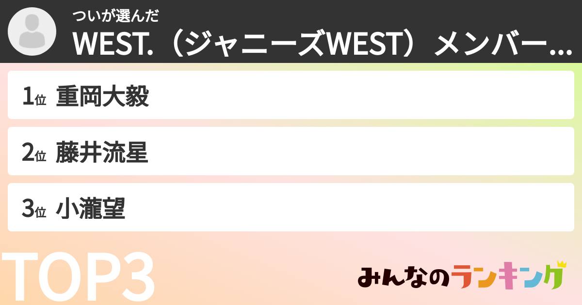 ついさんの「WEST.（ジャニーズWEST）メンバーランキング」