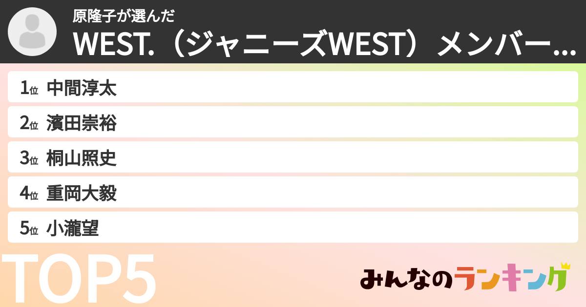 原隆子さんの「WEST.（ジャニーズWEST）メンバーランキング」