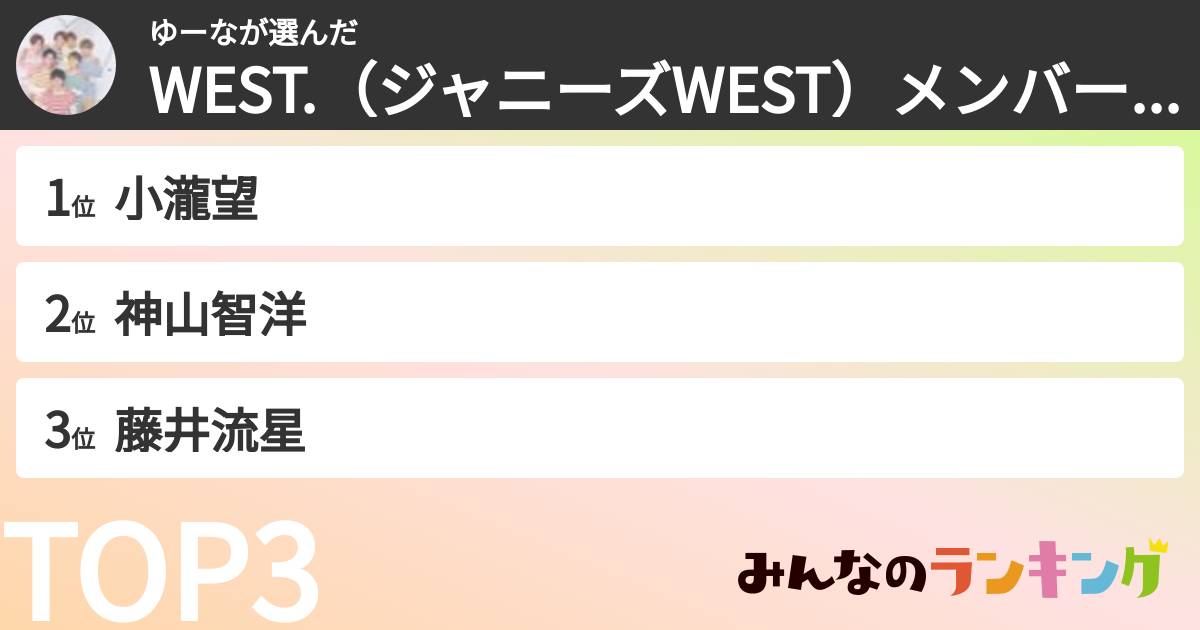 ゆーなさんの「WEST.(ジャニーズWEST)メンバーランキング」
