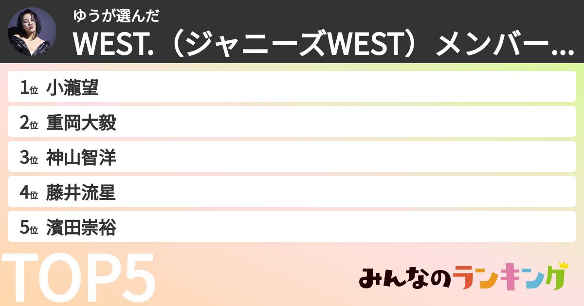 ゆうさんの「WEST.（ジャニーズWEST）メンバーランキング」