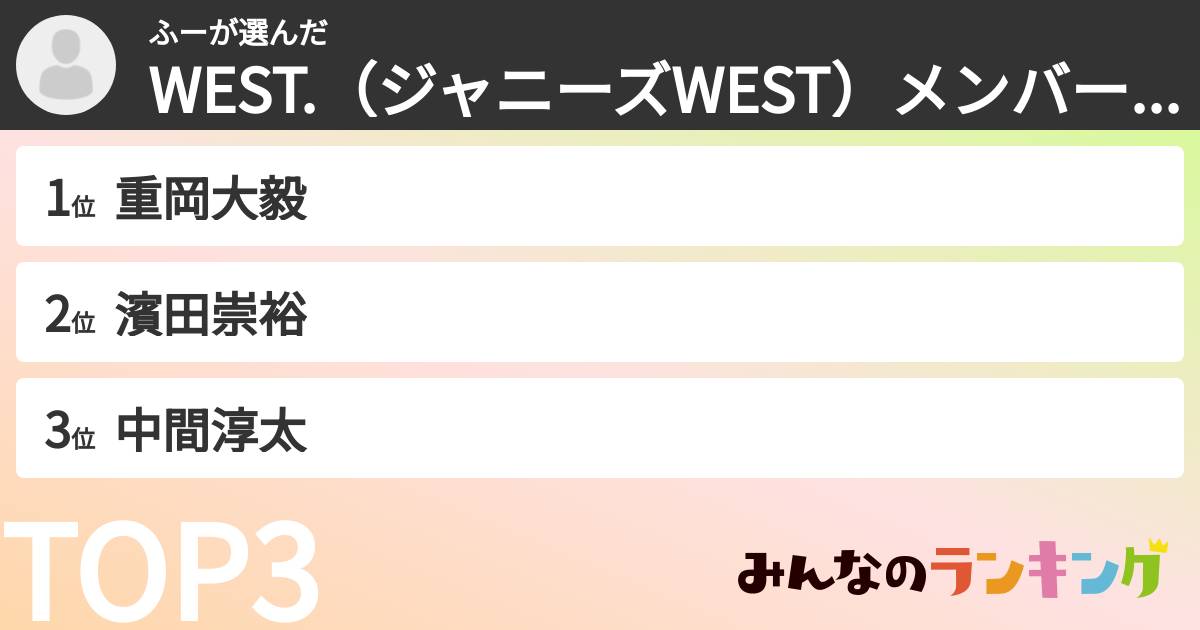 ふーさんの「WEST.（ジャニーズWEST）メンバーランキング」
