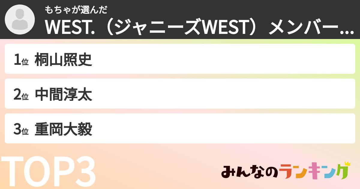 もちゃさんの「WEST.（ジャニーズWEST）メンバーランキング」