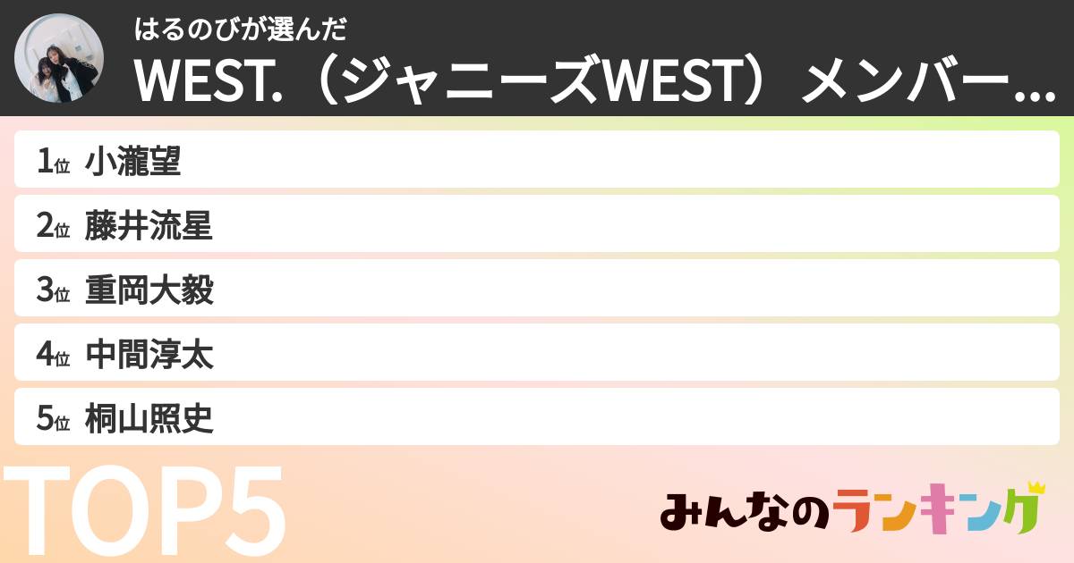 はるのびさんの「WEST.（ジャニーズWEST）メンバーランキング」