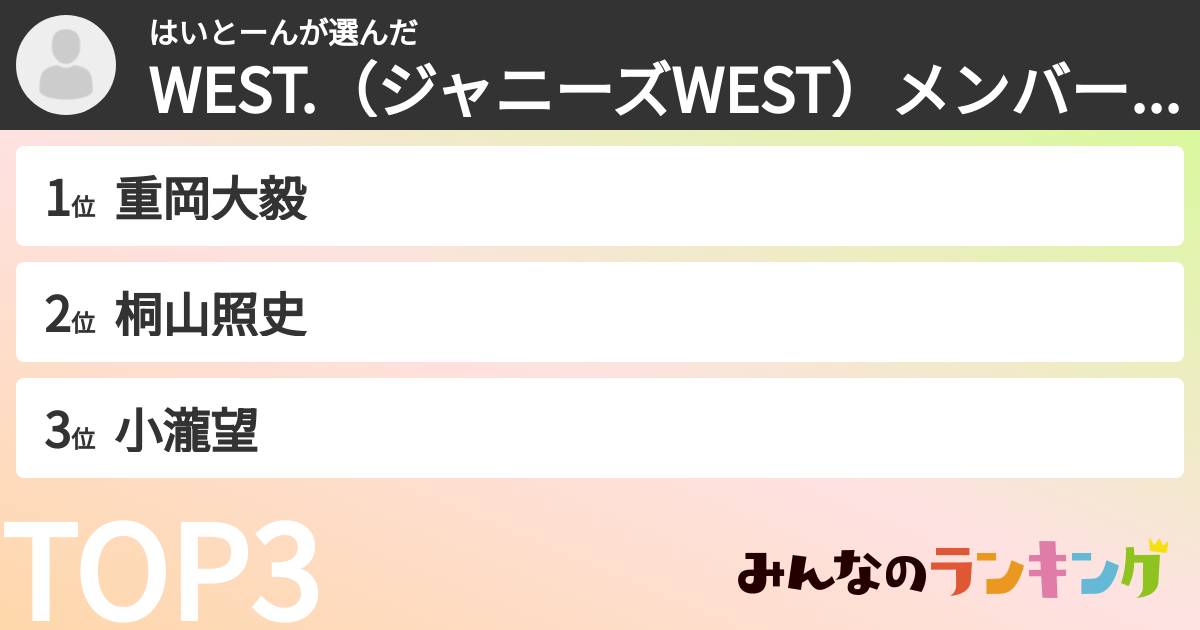 はいとーんさんの「WEST.(ジャニーズWEST)メンバーランキング」