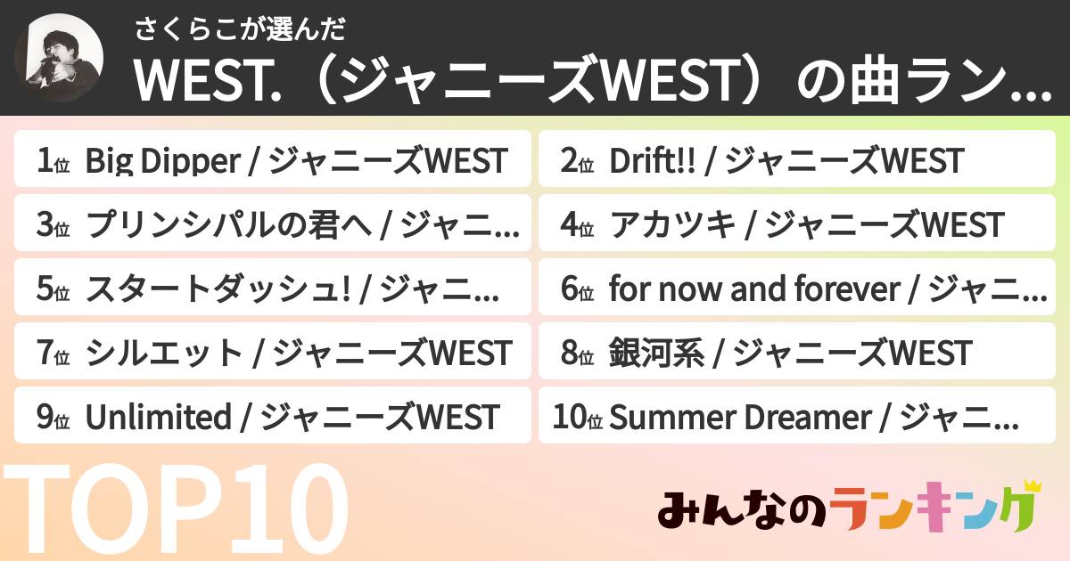 さくらこさんの「WEST.(ジャニーズWEST)の曲ランキング」