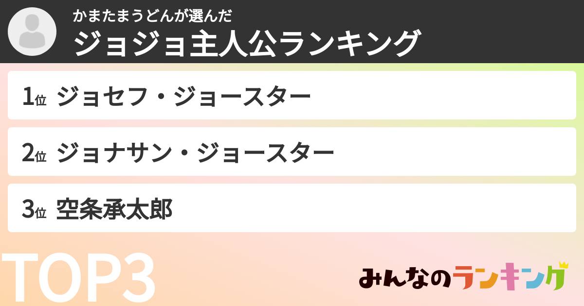 かまたまうどんさんの「ジョジョ主人公ランキング」