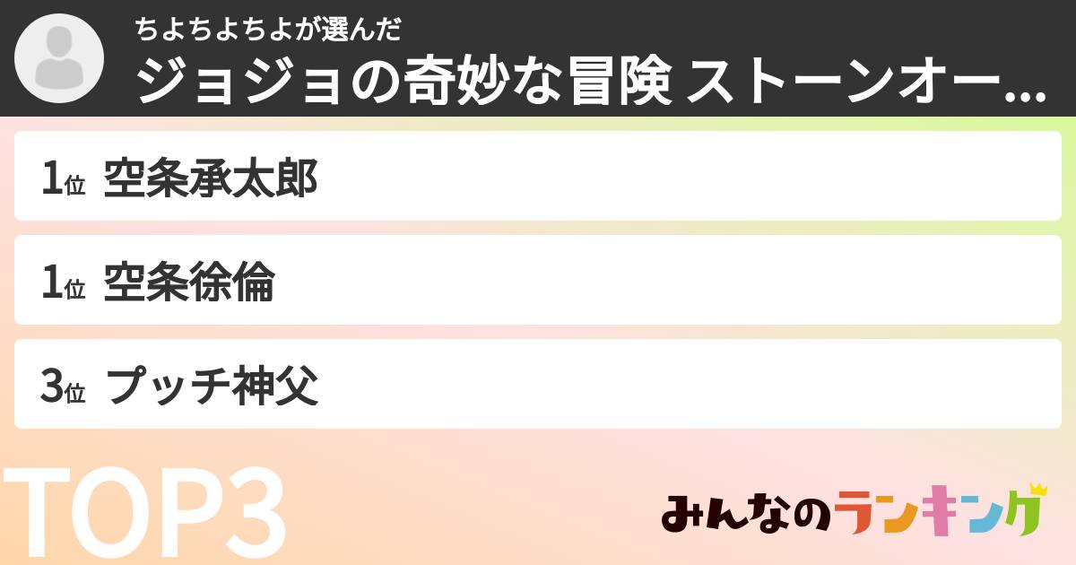 ちよちよちよさんの「ジョジョの奇妙な冒険 ストーンオーシャンキャラランキング」