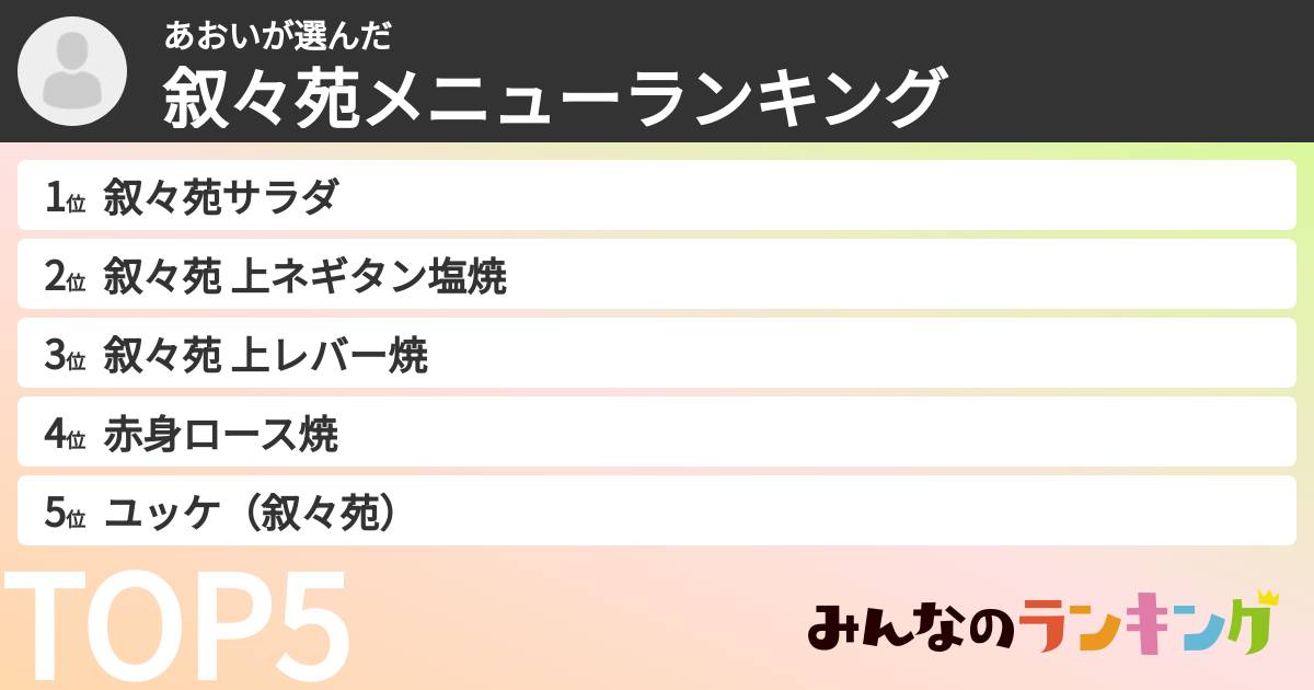あおいさんの「叙々苑メニューランキング」
