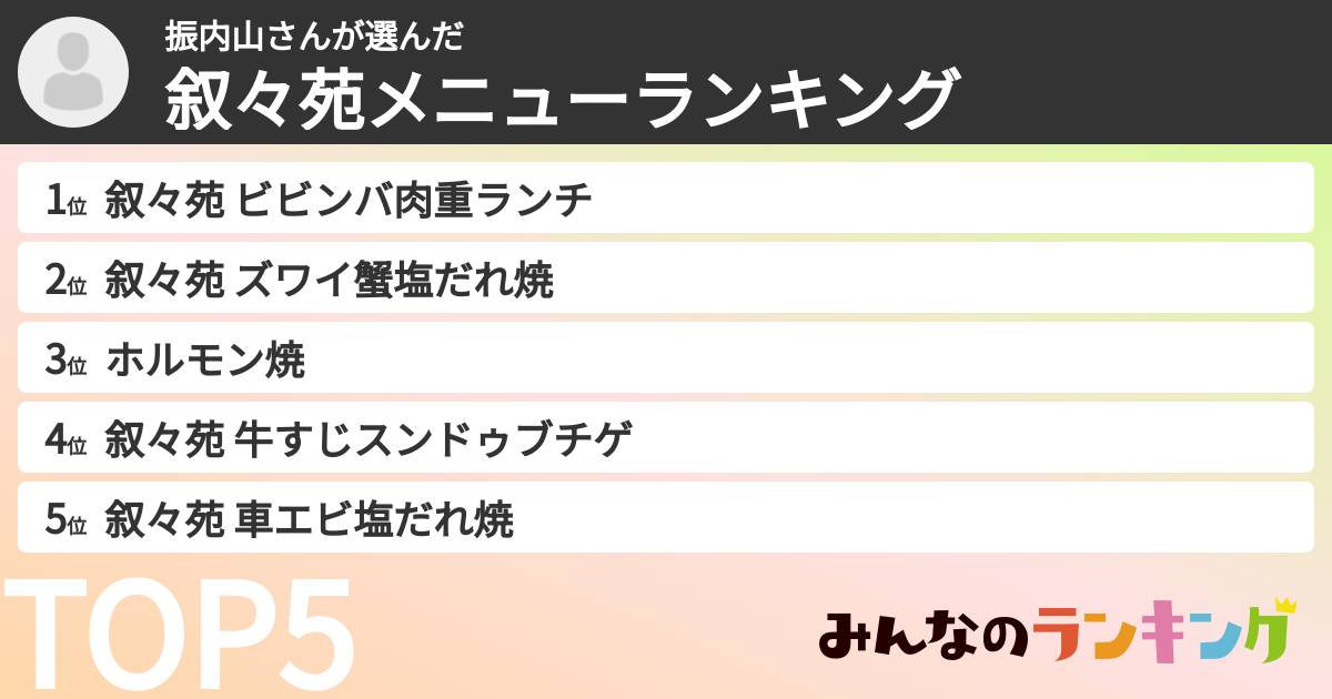 振内山さんさんの「叙々苑メニューランキング」