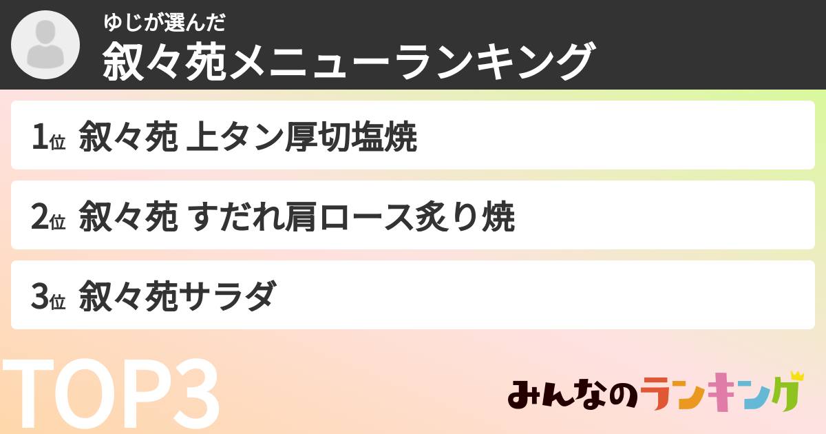 ゆじさんの「叙々苑メニューランキング」