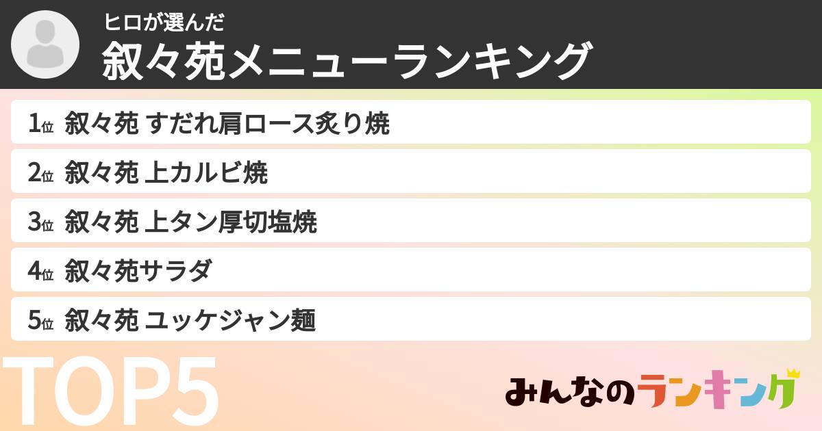 ヒロさんの「叙々苑メニューランキング」