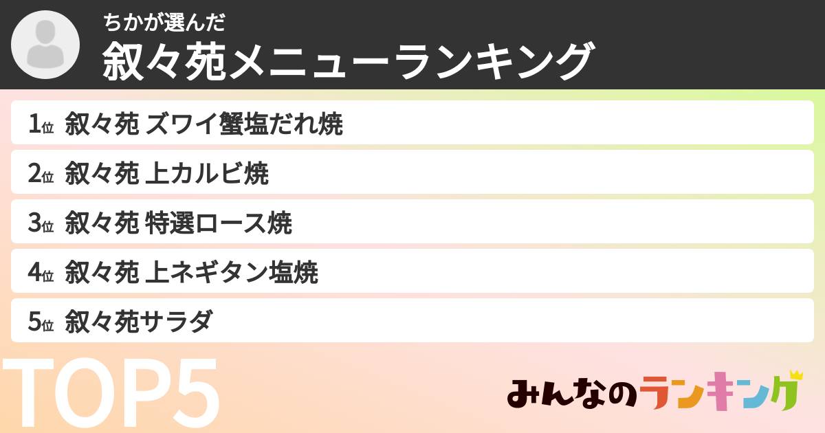 ちかさんの「叙々苑メニューランキング」