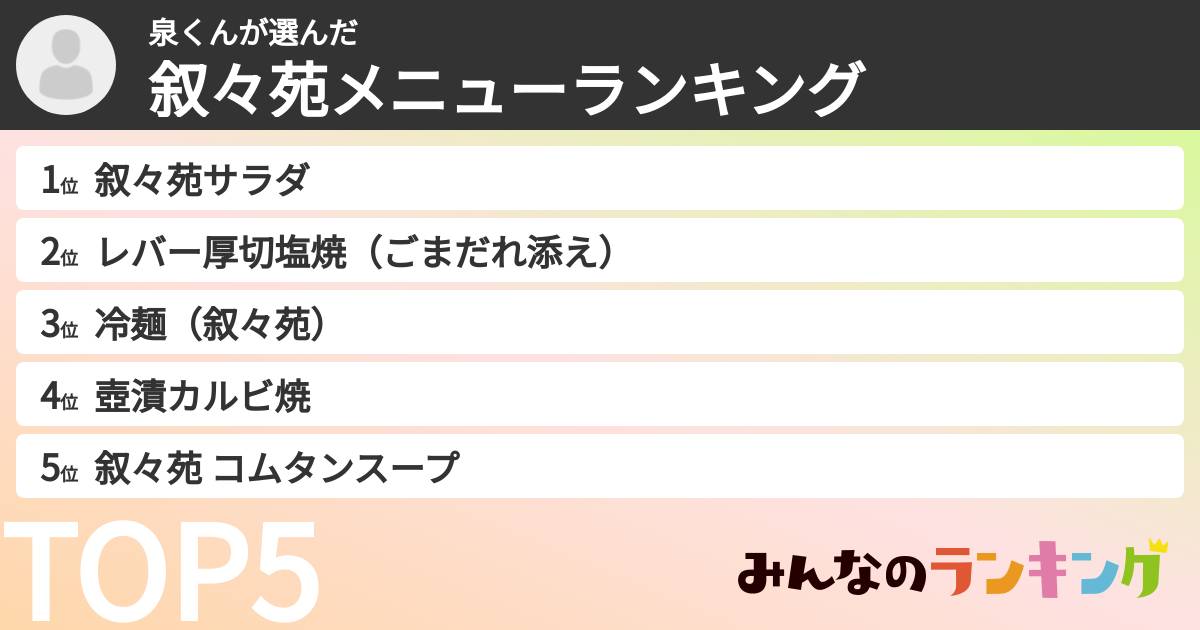 泉くんさんの「叙々苑メニューランキング」